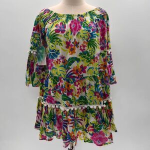 True Destinations Tropical Printed Ruffled 3/4 Sleeve Peasant Top NWT-XS